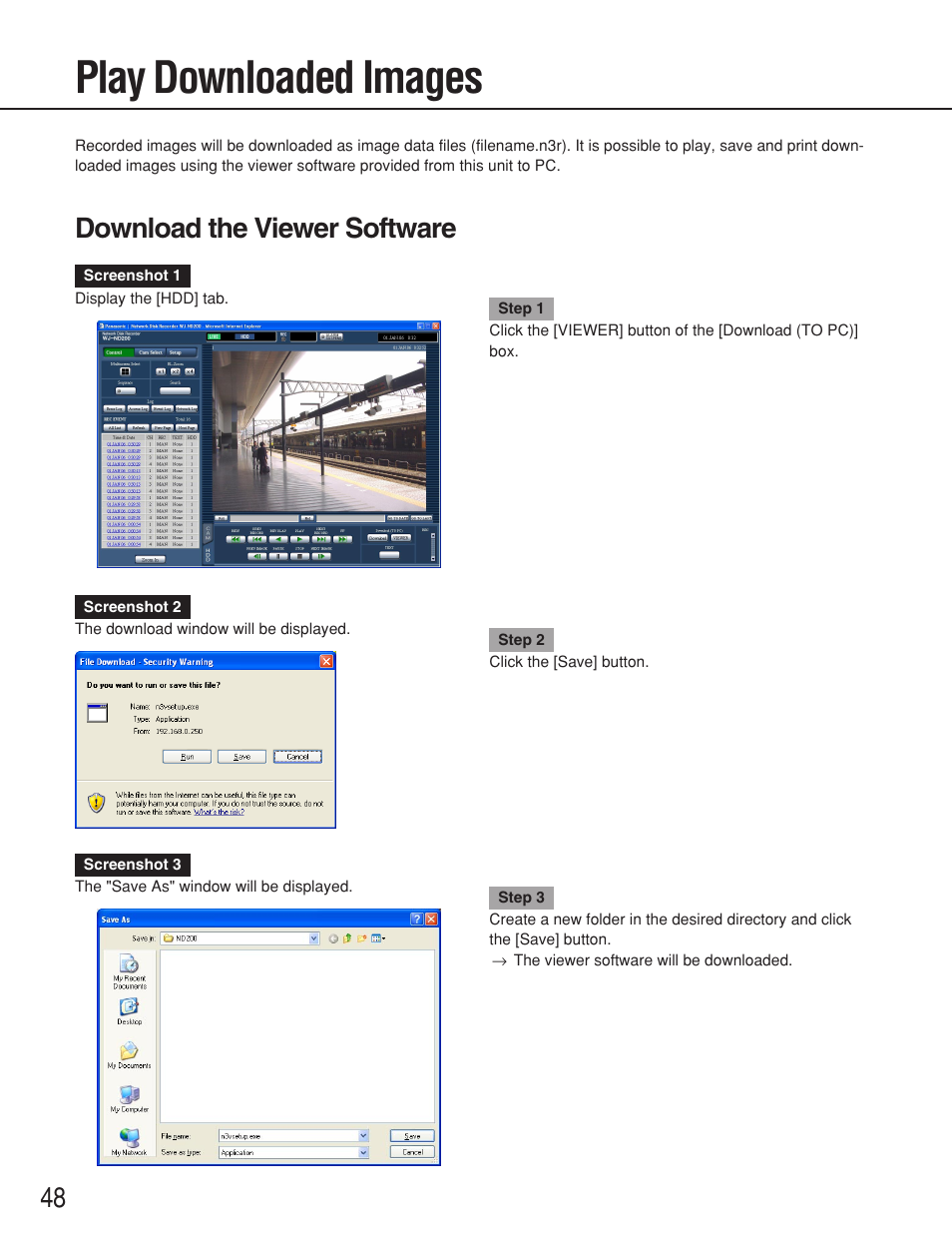 Play downloaded images, Download the viewer software | Panasonic WJ-ND200 User Manual | Page 48 / 69