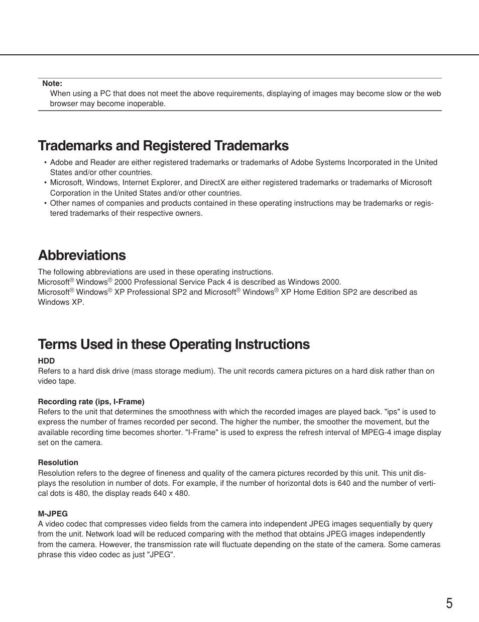 Trademarks and registered trademarks, Abbreviations, Terms used in these operating instructions | Panasonic WJ-ND200 User Manual | Page 5 / 69