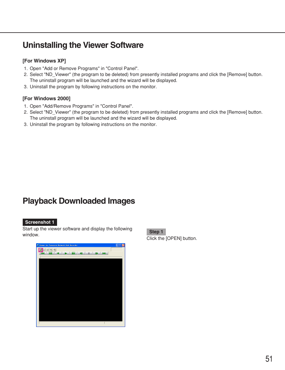 Uninstalling the viewer software, Playback downloaded images, 51 playback downloaded images | Panasonic WJ-ND200 User Manual | Page 51 / 69