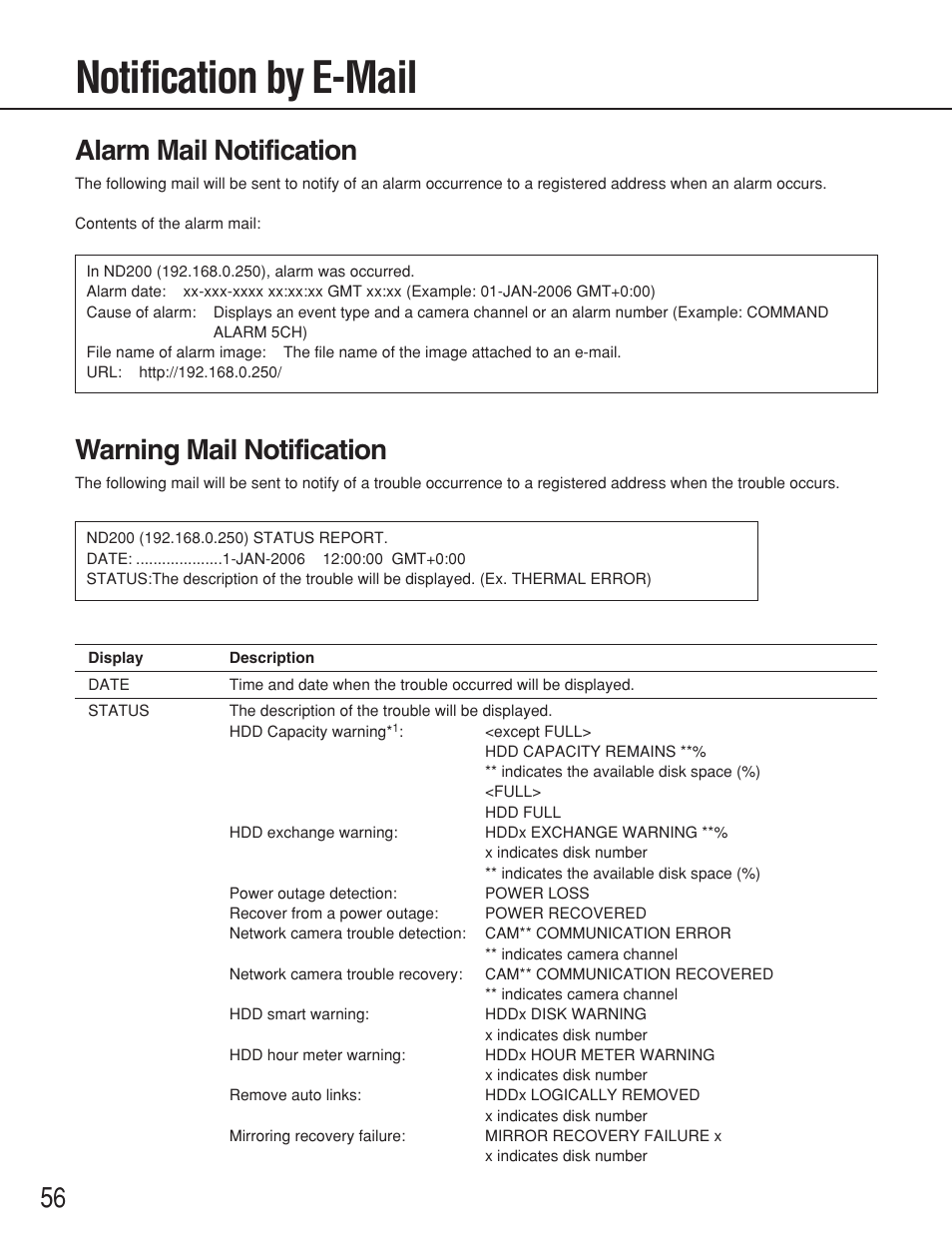 Notification by e-mail, Alarm mail notification, Warning mail notification | 56 warning mail notification | Panasonic WJ-ND200 User Manual | Page 56 / 69