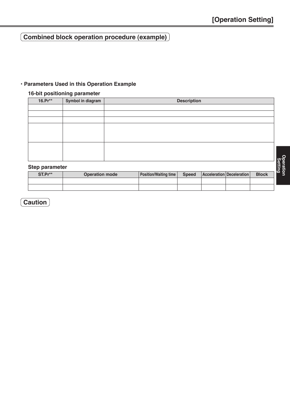 Operation setting, Combined block operation procedure (example), Caution | Panasonic MINAS A4P Series User Manual | Page 129 / 232