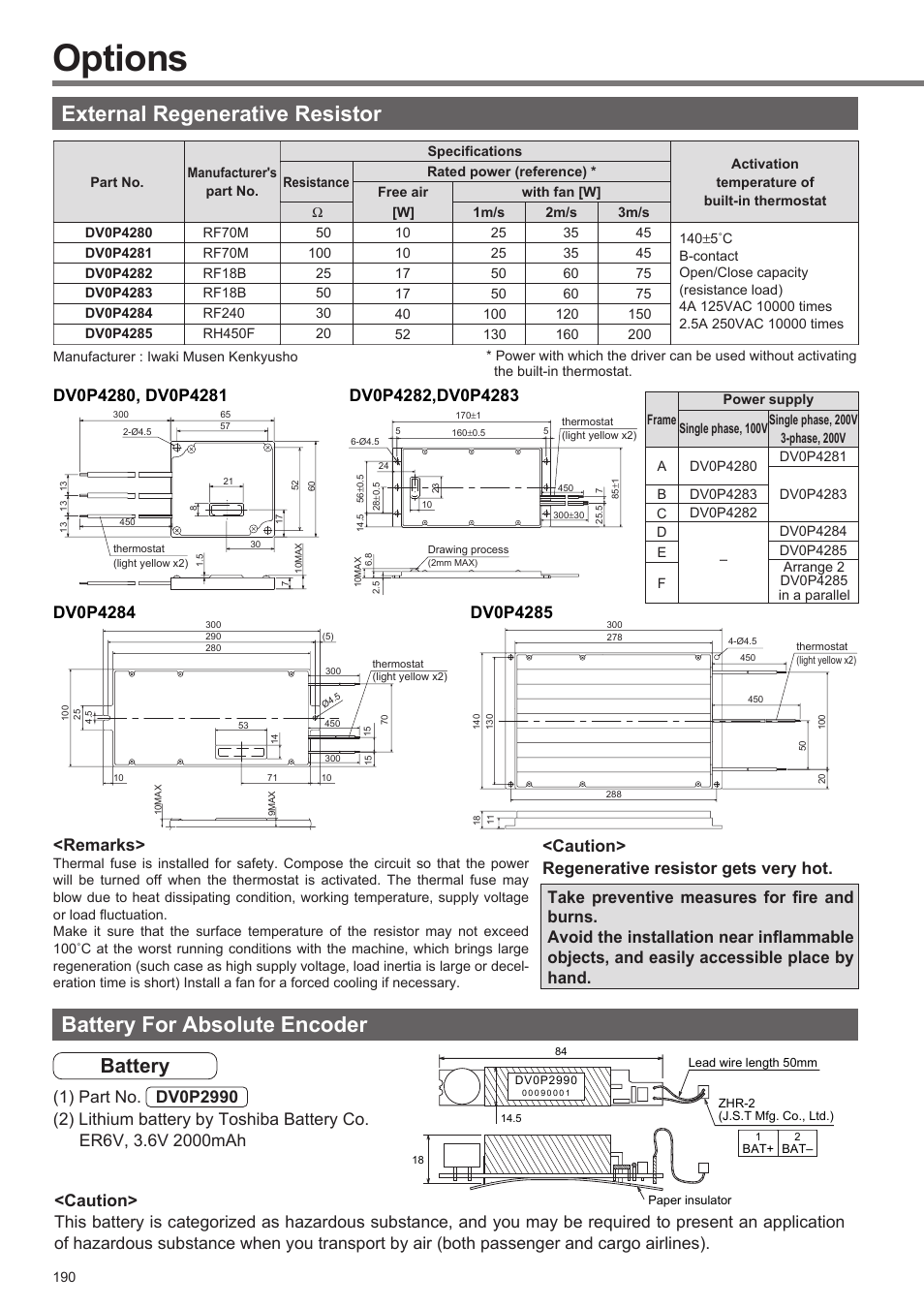 Options, Battery, Remarks | Panasonic MINAS A4P Series User Manual | Page 190 / 232