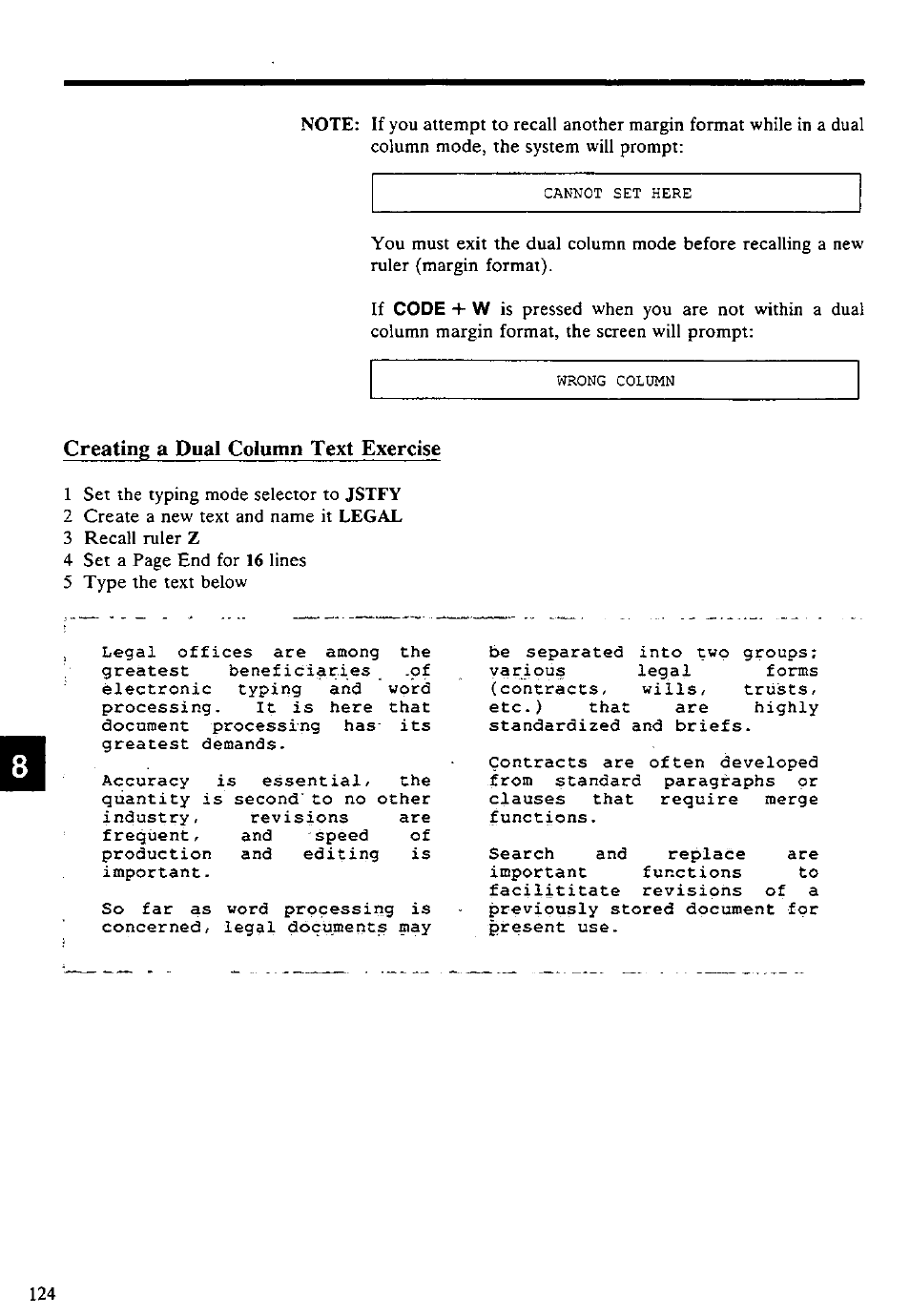 Creating a dual column text exercise, Code + w | Panasonic KX-E4500 User Manual | Page 134 / 252