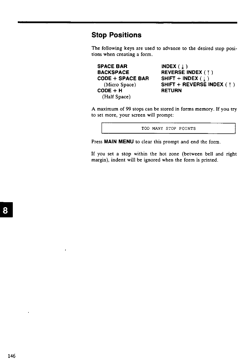 Index ( i ), Reverse index(f ), Shift + index ( i ) | Shift + reverse index ( f ) return, Stop positions | Panasonic KX-E4500 User Manual | Page 156 / 252