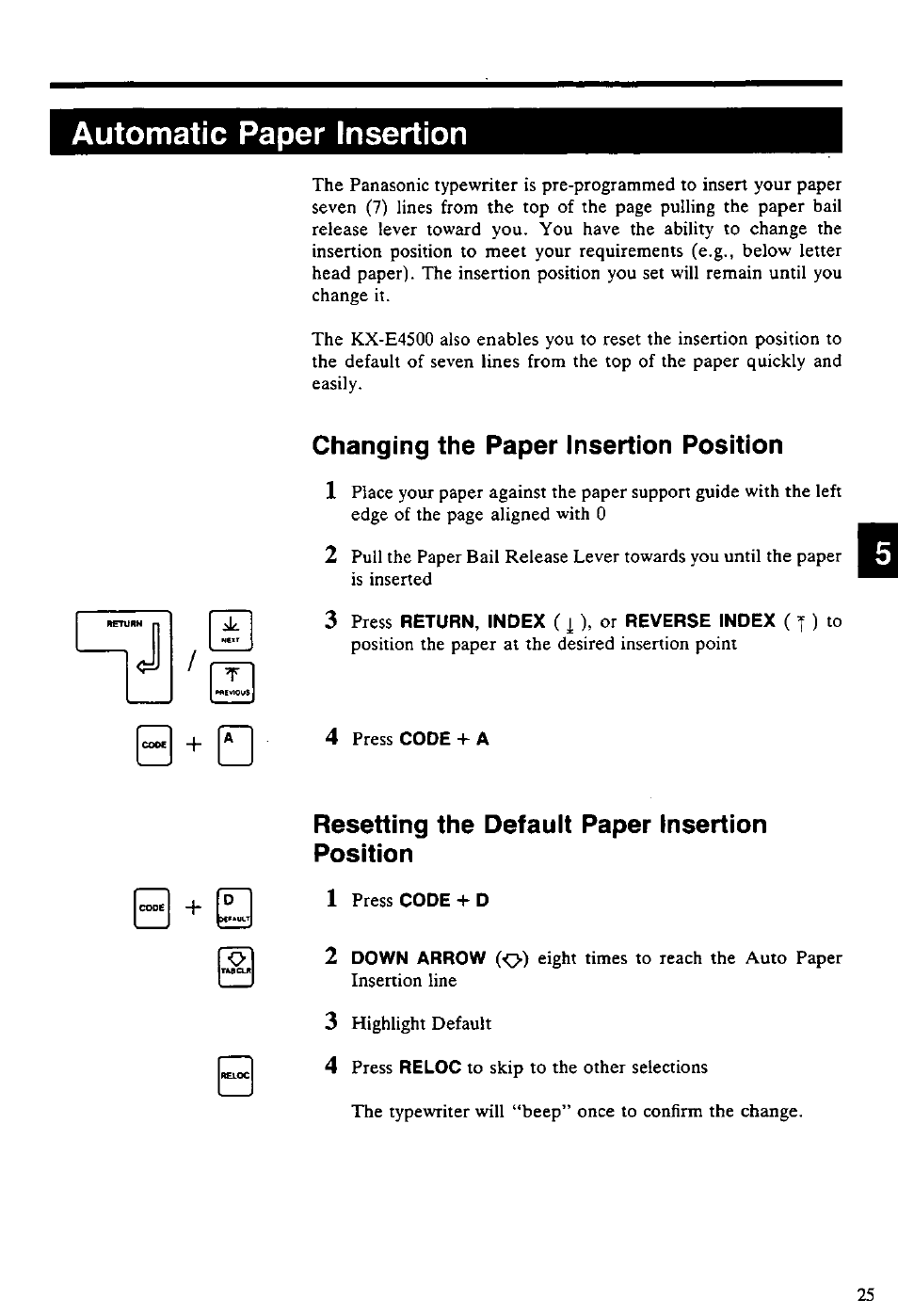 Changing the paper insertion position, Resetting the default paper insertion position, Automatic paper insertion | Changing the paper insertion position 1, Resetting the default paper insertion position 1 | Panasonic KX-E4500 User Manual | Page 35 / 252
