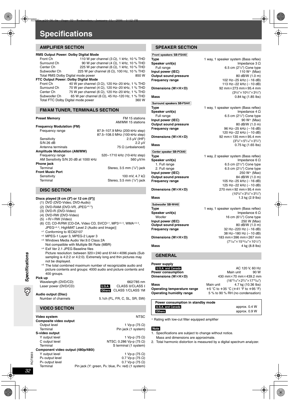 Specifications | Panasonic SC-HT440 User Manual | Page 32 / 36