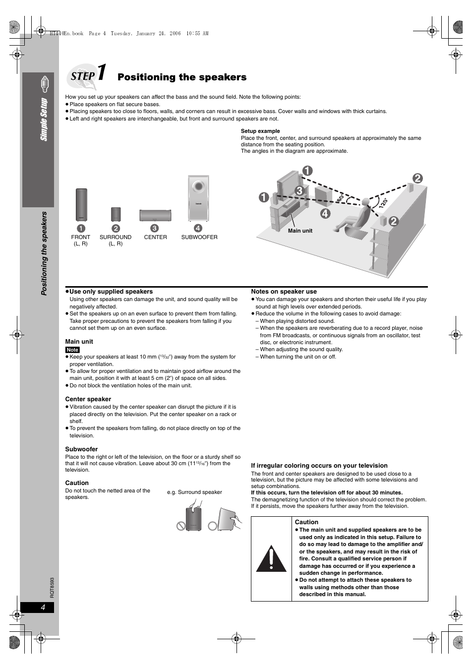 Step 1 positioning the speakers, Step, Positioning the speakers | 4simple se tu p | Panasonic SC-HT440 User Manual | Page 4 / 36