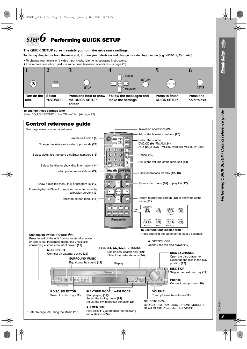 Step 6 per forming quick setup, Control reference guide, Step | Performing quick setup, Si mp le s etu p | Panasonic SC-HT440 User Manual | Page 9 / 36