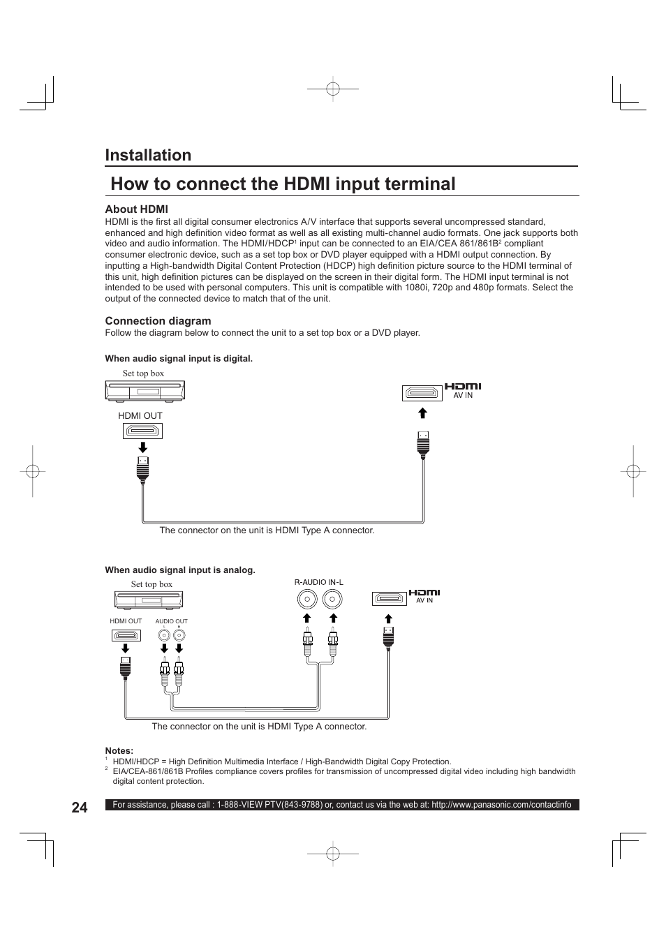 How to connect the hdmi input terminal, Installation | Panasonic PT 60LCX63 User Manual | Page 24 / 108