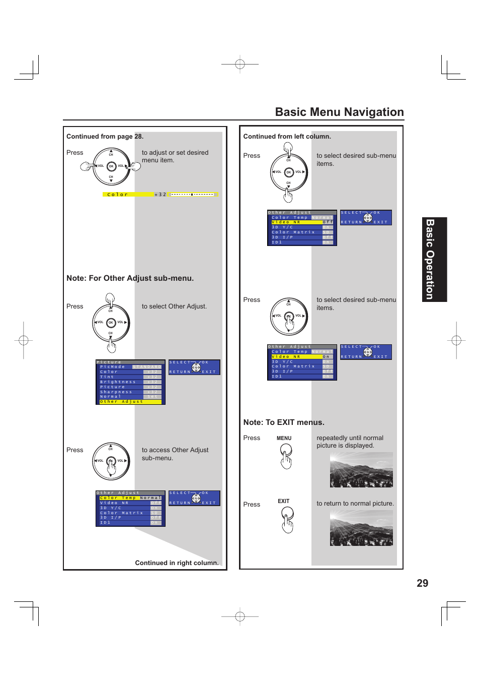 Basic menu navigation, 29 basic operation, Press to adjust or set desired menu item | Press to select other adjust, Press to access other adjust sub-menu, Press to select desired sub-menu items | Panasonic PT 60LCX63 User Manual | Page 29 / 108