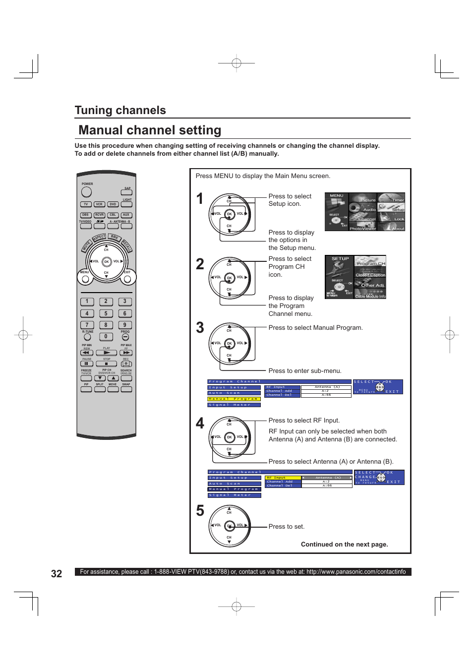Manual channel setting, Tuning channels, Press to select antenna (a) or antenna (b) | Press to select rf input, Press to set | Panasonic PT 60LCX63 User Manual | Page 32 / 108