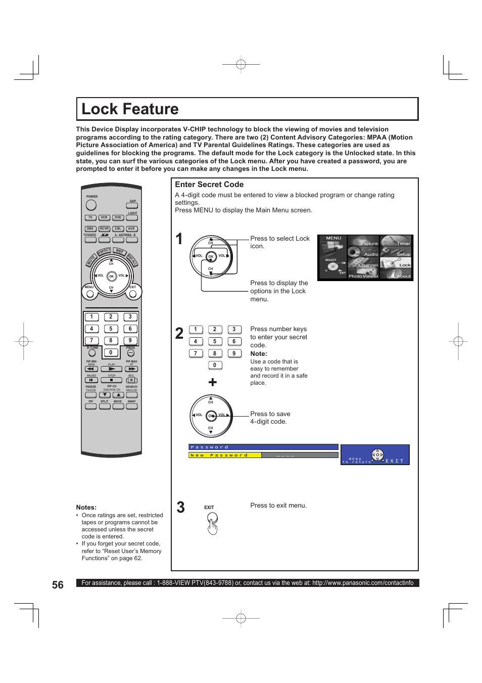 Lock feature, Enter secret code, Press to exit menu | Panasonic PT 60LCX63 User Manual | Page 56 / 108