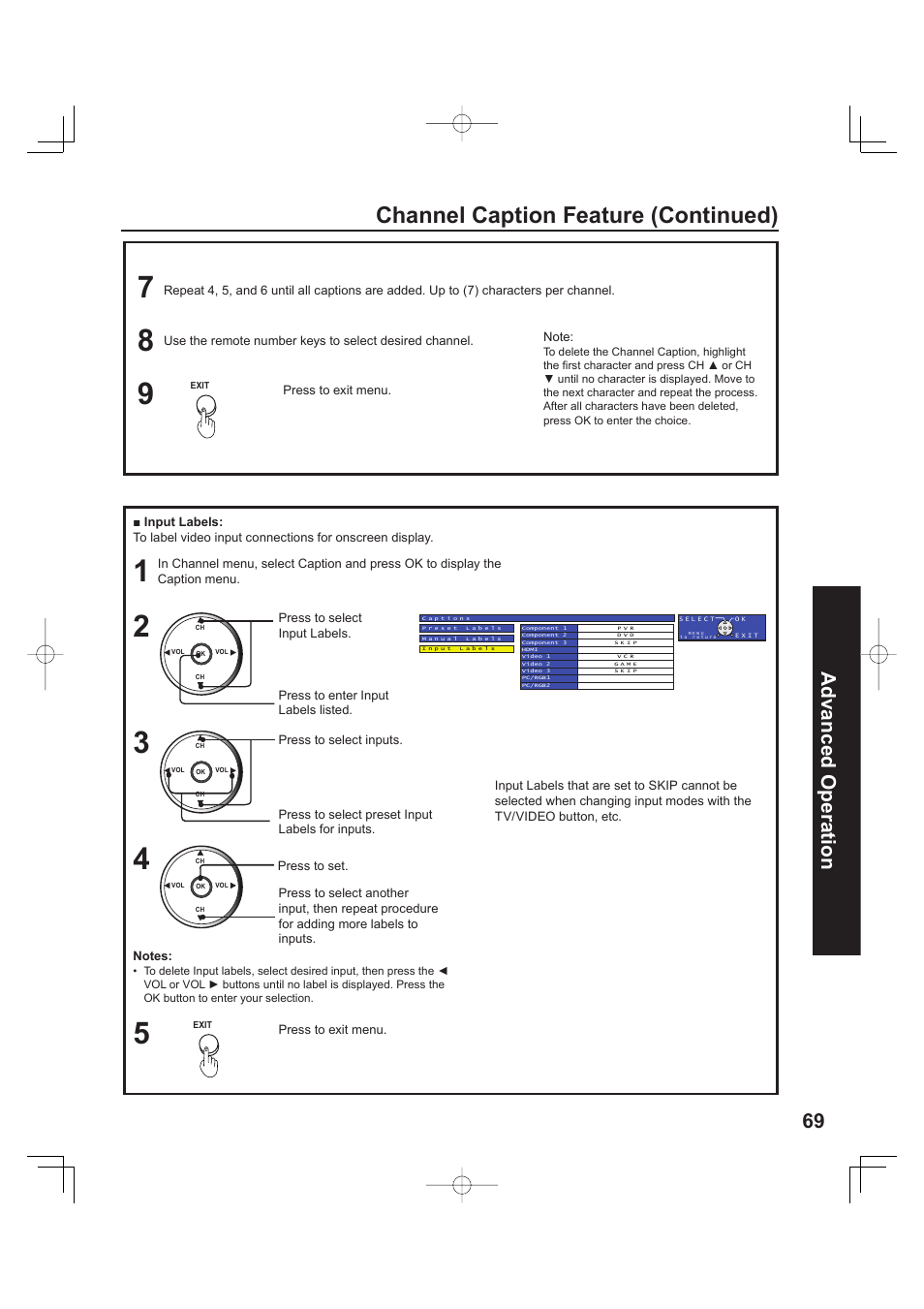 Channel caption feature (continued), 69 advanced op er a tion | Panasonic PT 60LCX63 User Manual | Page 69 / 108