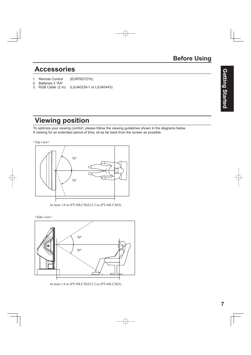 Accessories, Viewing position, Before using | 7getting start ed | Panasonic PT 60LCX63 User Manual | Page 7 / 108