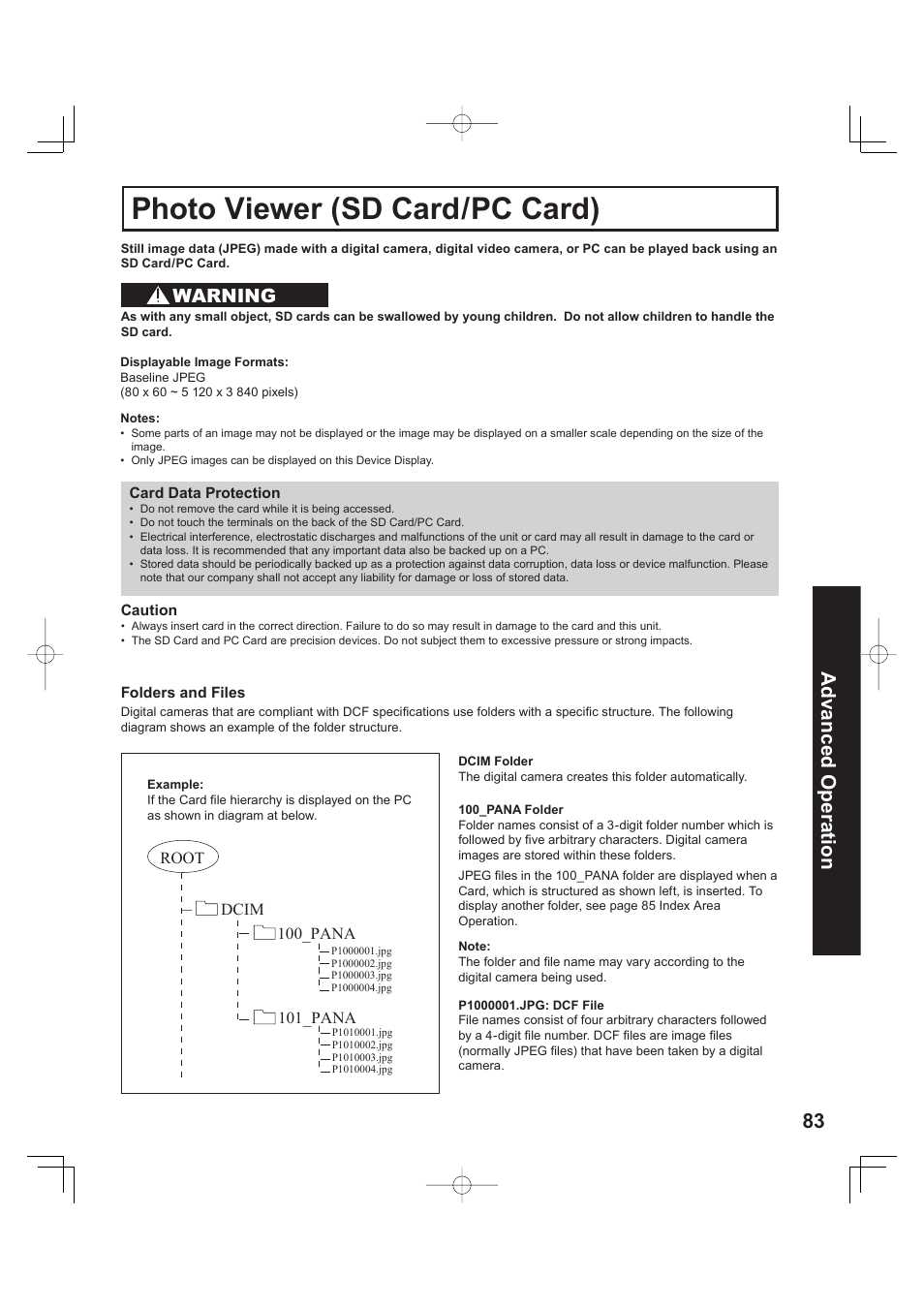 Photo viewer (sd card/pc card), 83 advanced op er a tion, Warning | Panasonic PT 60LCX63 User Manual | Page 83 / 108