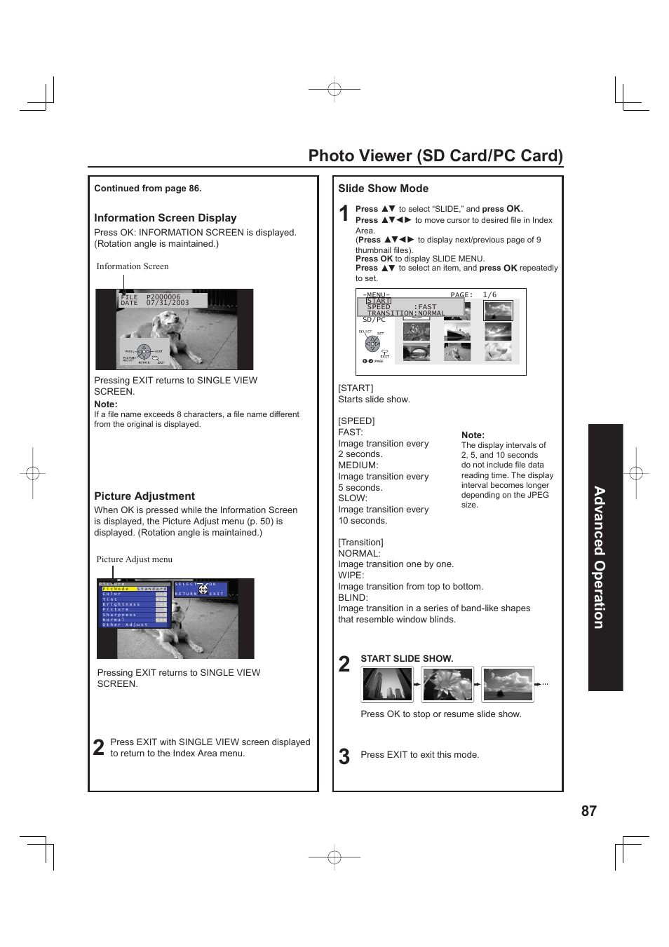 Photo viewer (sd card/pc card), 87 advanced op er a tion | Panasonic PT 60LCX63 User Manual | Page 87 / 108