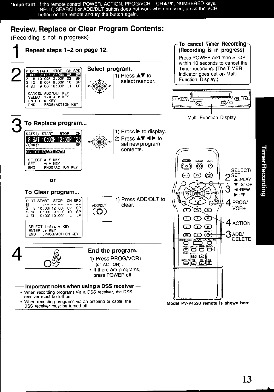 Select program, To replace program, To clear program | End the program, Important notes when using a dss receiver, Review, replace or clear program contents, Repeat steps 1~2 on page 12, O crz) o | Panasonic PV-V4520 User Manual | Page 13 / 40