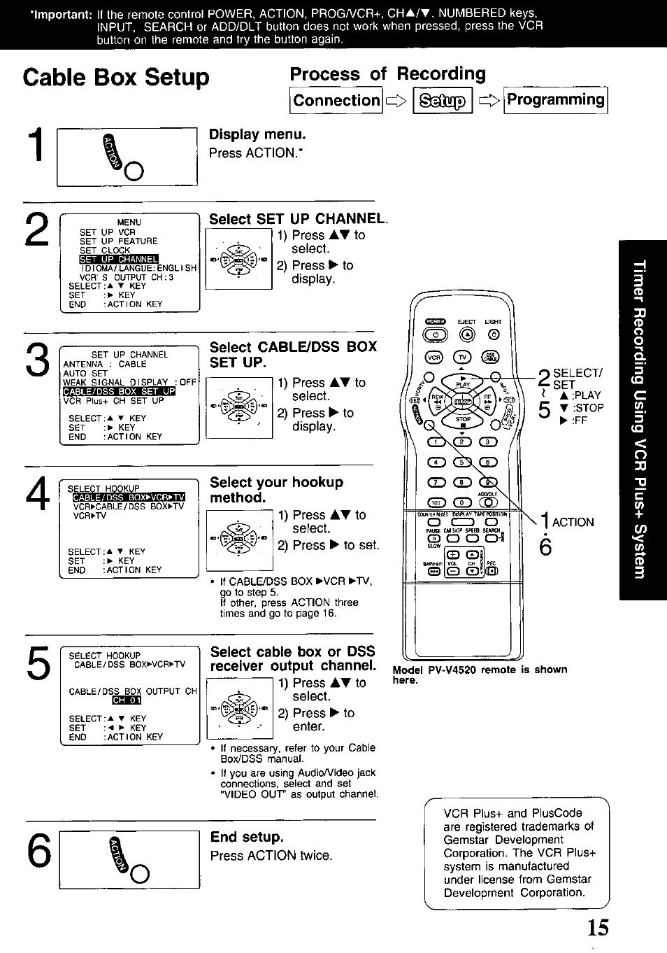 Connection o, 3(ï!q[o) [t> i programming, Select set up channel | Select cable/dss box set up, Select cable box or dss receiver output channel, Cable box setup | Panasonic PV-V4520 User Manual | Page 15 / 40