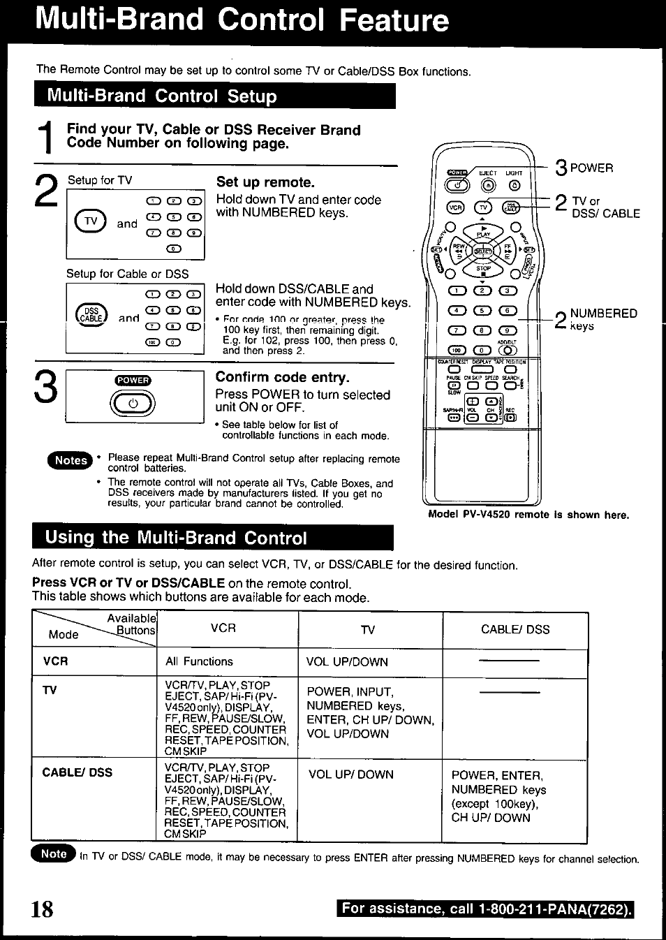 Multi-brand control feature, Set up remote, Confirm code entry | Press vcr or tv or dss/cable on the remote control, Multi-brand control feature ,19, Multi-brand control setup, Using the multi-brand control | Panasonic PV-V4520 User Manual | Page 18 / 40