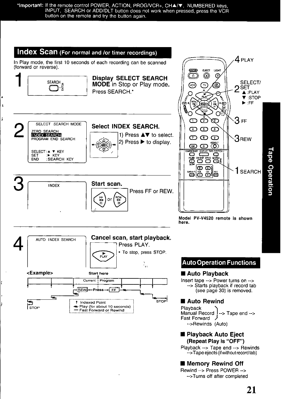 Indgx scan (for normal and /or timer recordings), Start scan, Auto operation functions | Auto playback, Auto rewind, Playback auto eject (repeat play is “off”), Memory rewind off, Indgx, Scan, Display select search mode | Panasonic PV-V4520 User Manual | Page 21 / 40