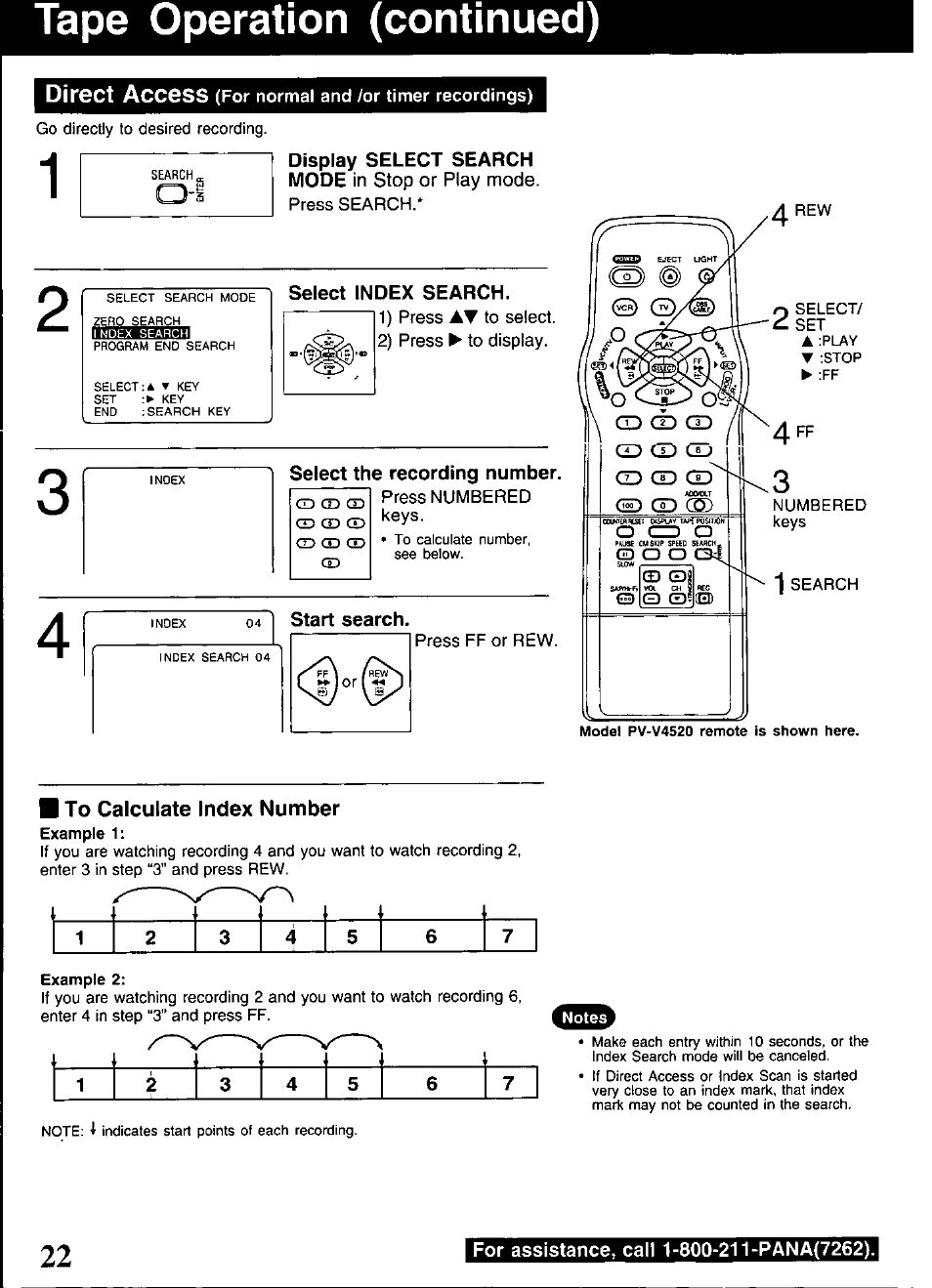 Tape operation (continued), Start search, To calculate index number | Example 2 | Panasonic PV-V4520 User Manual | Page 22 / 40