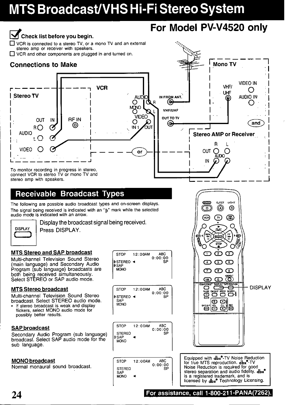 Mts broadcast/vhs hi-fi stereo system, Check list before you begin, Connections to make | Mts stereo and sap broadcast, Mts stereo broadcast, Sap broadcast, Mono broadcast, For model pv-v4520 only, Receivable broadcast types | Panasonic PV-V4520 User Manual | Page 24 / 40