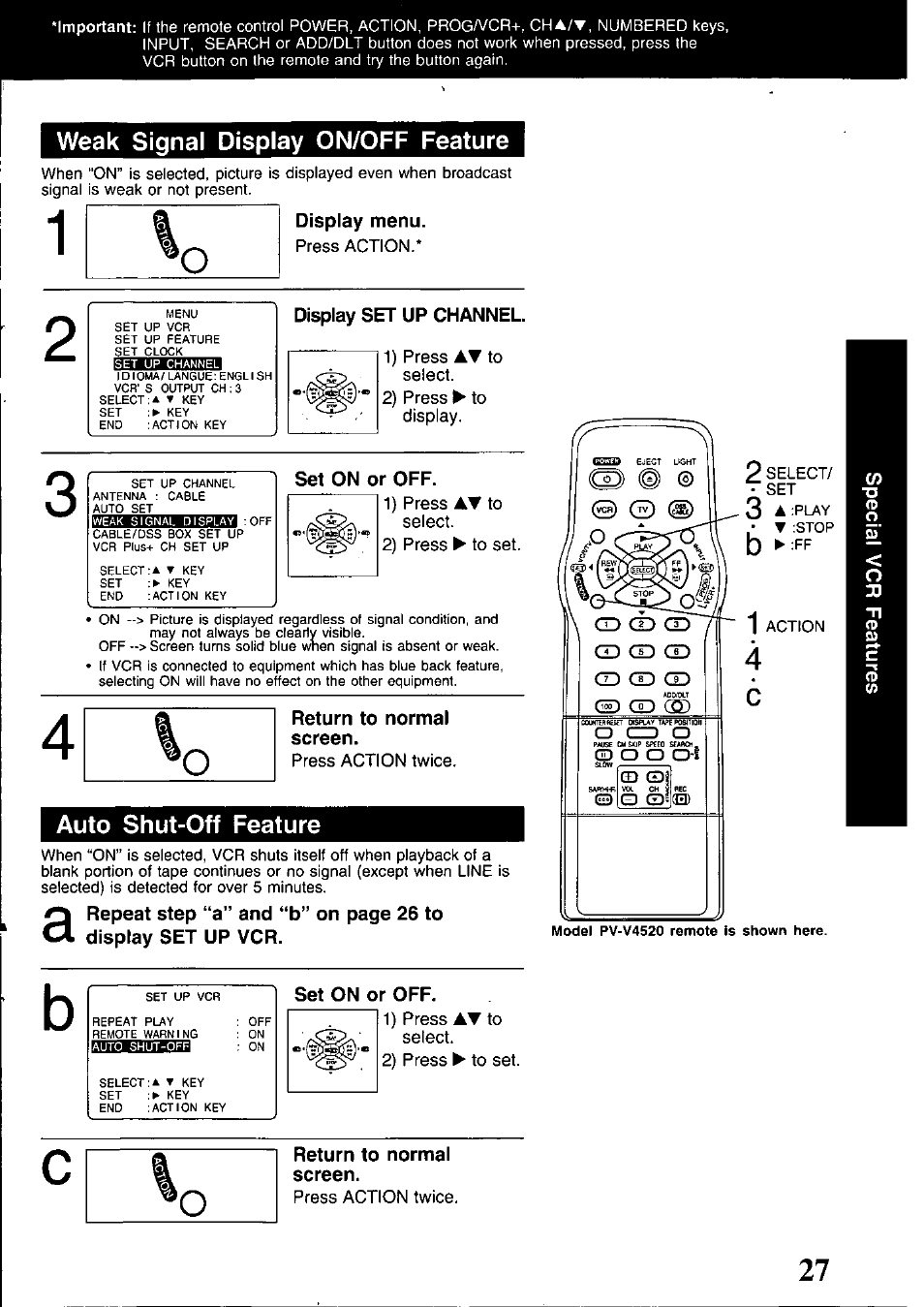 Display menu, Display set up channel, Set on or off | Return to normal screen | Panasonic PV-V4520 User Manual | Page 27 / 40