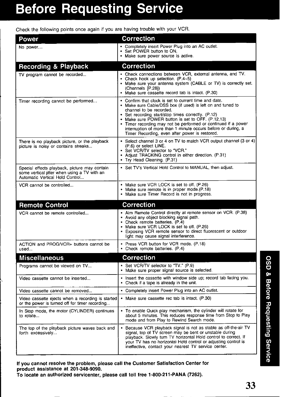 Before requesting service, Power correction, Recording & playback correction | Remote control correction, Miscellaneous correction | Panasonic PV-V4520 User Manual | Page 33 / 40