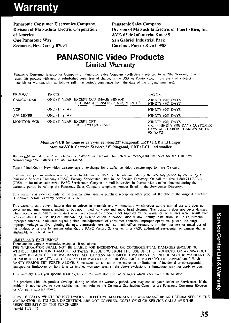 Warranty, Panasonic sales company, Limited warranty | Panasonic video products | Panasonic PV-V4520 User Manual | Page 35 / 40
