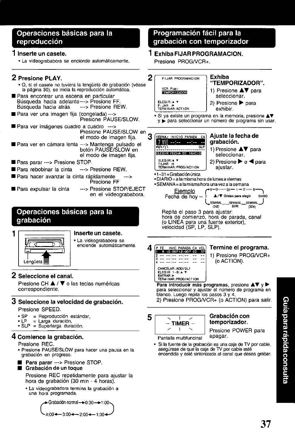 Operaciones básicas para la reproducción, Operaciones básicas para la grabación, Operaciones básicas para la reproducción 1 | Panasonic PV-V4520 User Manual | Page 37 / 40