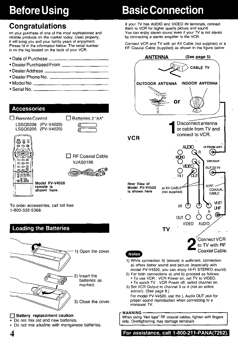 Congratulations, Basic connection, Before using | Accessories, Loading the batteries | Panasonic PV-V4520 User Manual | Page 4 / 40