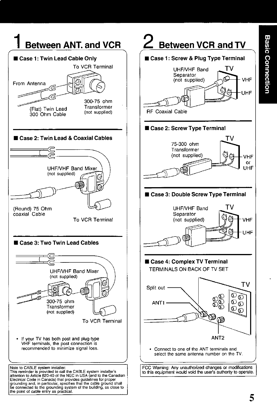 Between ant. and vcr, Between vcr and tv, Case 1: twin lead cable only | Case 2: twin lead & coaxial cables, Case 3: two twin lead cables, Case 1 : screw & plug type terminal, Case 2: screw type terminal, Case 3: double screw type terminal, I case 4: complex tv terminal | Panasonic PV-V4520 User Manual | Page 5 / 40