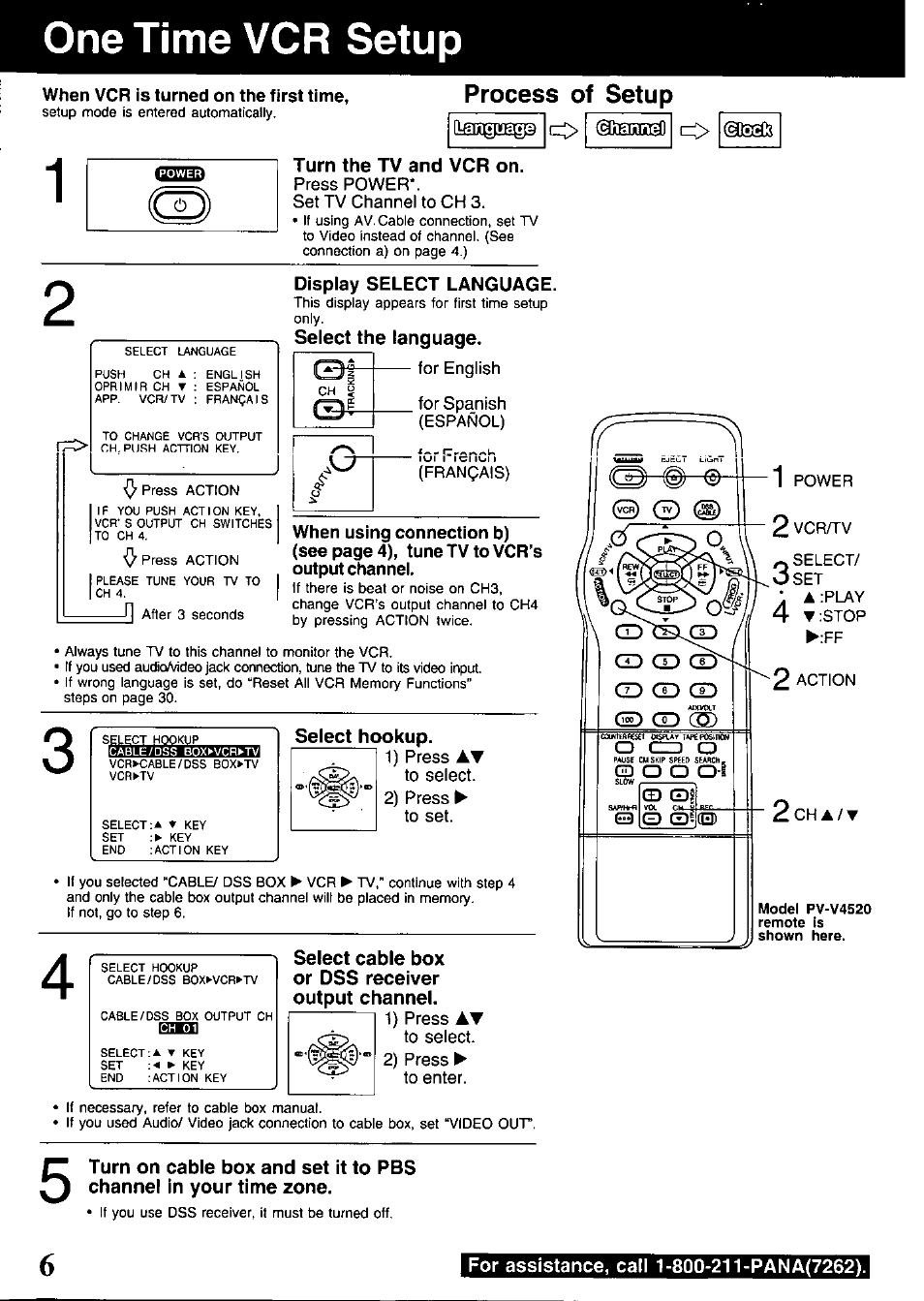 One time vcr setup, When vcr is turned on the first time, Turn the tv and vcr on | Display select language, Select the language, Select hookup, Select cable box or dss receiver output channel, Cd o o 0 -1, Process of setup | Panasonic PV-V4520 User Manual | Page 6 / 40