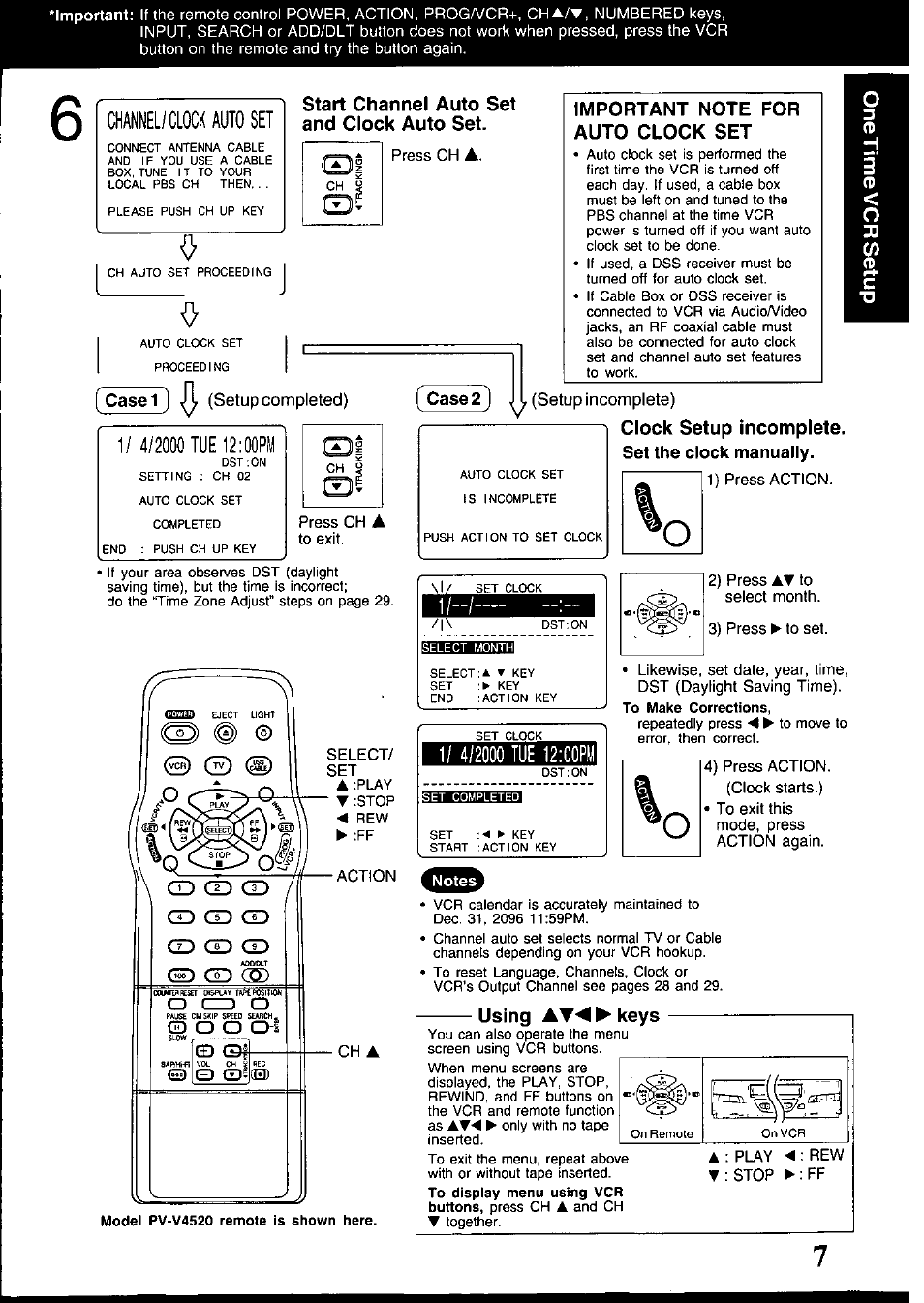 Start channel auto set and clock auto set, Important note for auto clock set, Clock setup incomplete. set the clock manually | Using atm ► keys, Channel/clock auto set, Clock setup incomplete, Using, Keys | Panasonic PV-V4520 User Manual | Page 7 / 40