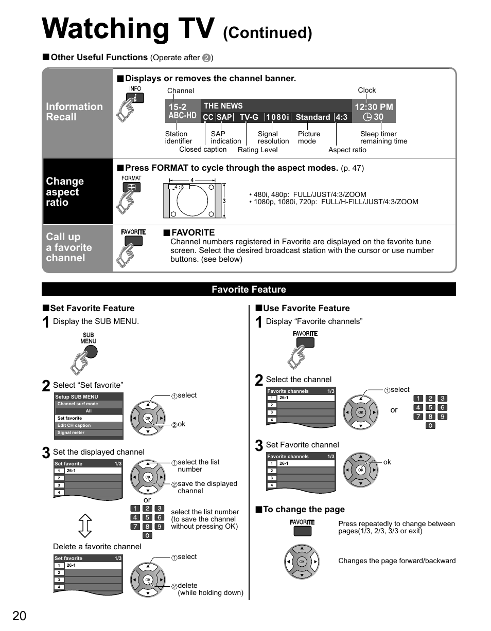 Watching tv, Continued), Information recall | Change aspect ratio, Call up a favorite channel | Panasonic TC-42PS14 User Manual | Page 20 / 58