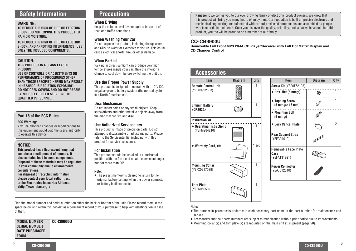 Safety information, Precautions, Accessories | Panasonic CQ-CB9900U User Manual | Page 2 / 32