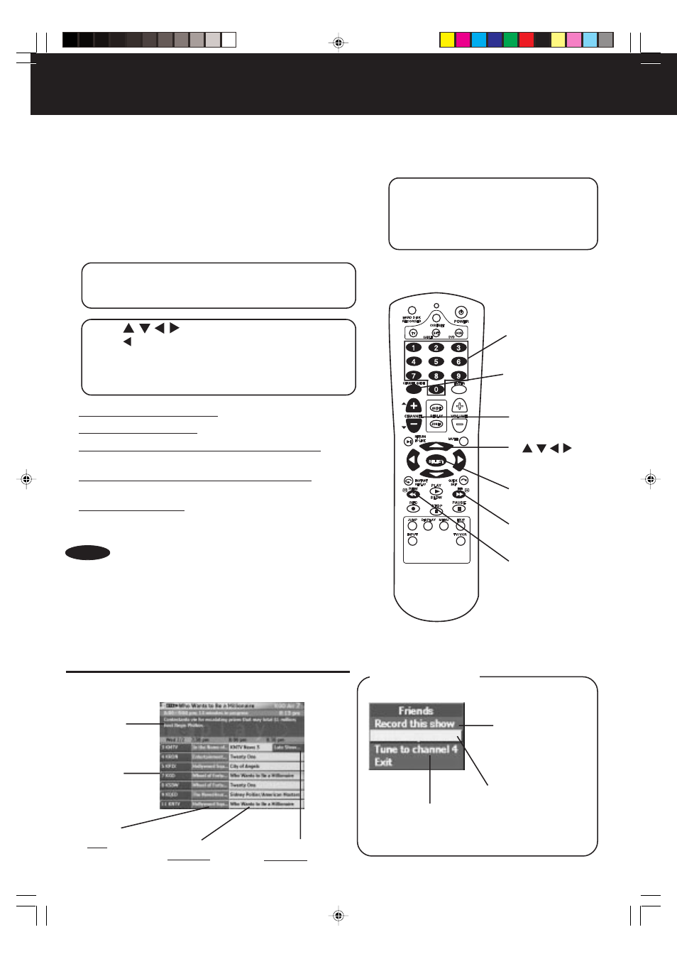 Recording shows, Selecting a show, Channel guide screen | Channel guide popup menu items | Panasonic PV-HS3000 User Manual | Page 26 / 60