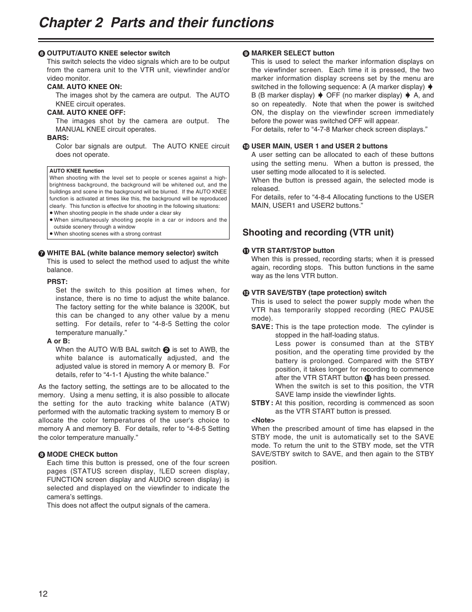 Chapter 2 parts and their functions, Shooting and recording (vtr unit) | Panasonic AJ-HDX400P User Manual | Page 12 / 102