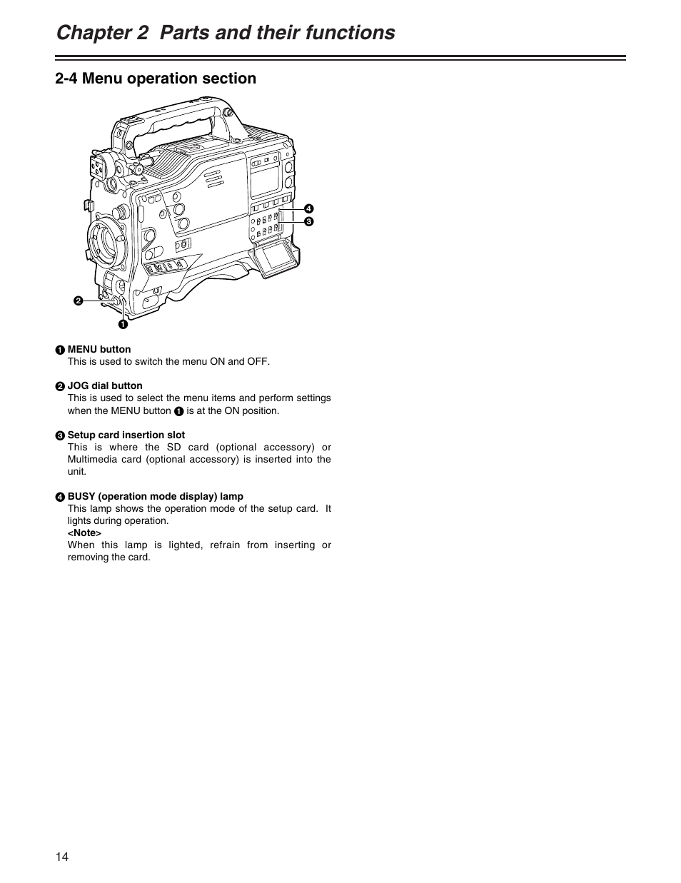 Chapter 2 parts and their functions | Panasonic AJ-HDX400P User Manual | Page 14 / 102