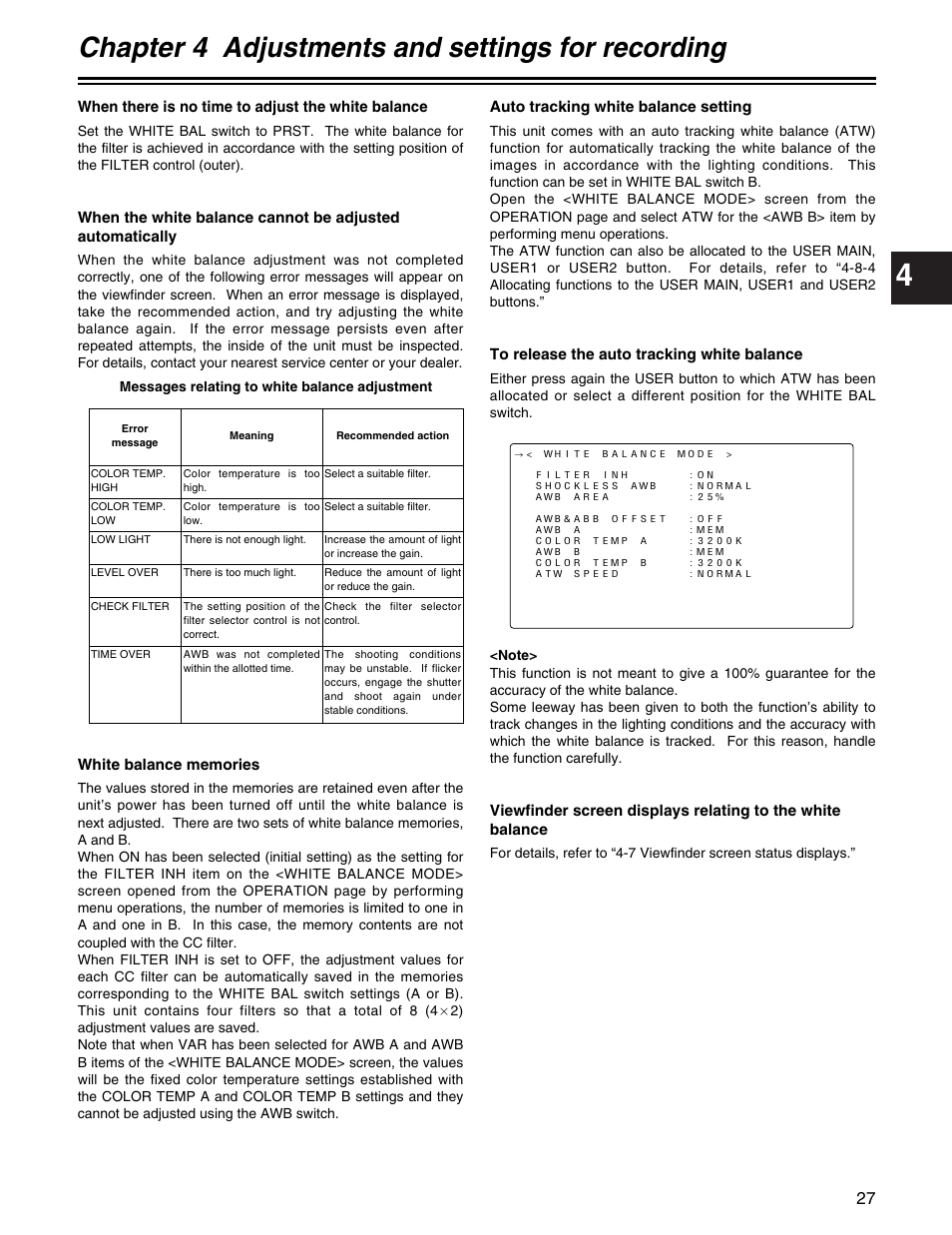 Chapter 4 adjustments and settings for recording | Panasonic AJ-HDX400P User Manual | Page 27 / 102