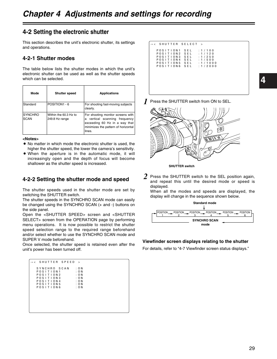 Chapter 4 adjustments and settings for recording, 2 setting the electronic shutter, 2-1 shutter modes | 2-2 setting the shutter mode and speed | Panasonic AJ-HDX400P User Manual | Page 29 / 102