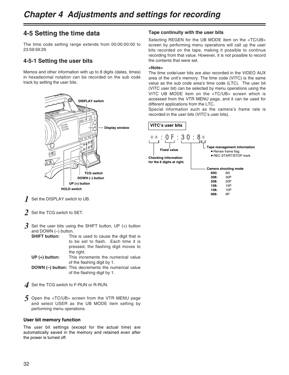 Chapter 4 adjustments and settings for recording, 5 setting the time data, 0f:30:8 | 5-1 setting the user bits | Panasonic AJ-HDX400P User Manual | Page 32 / 102