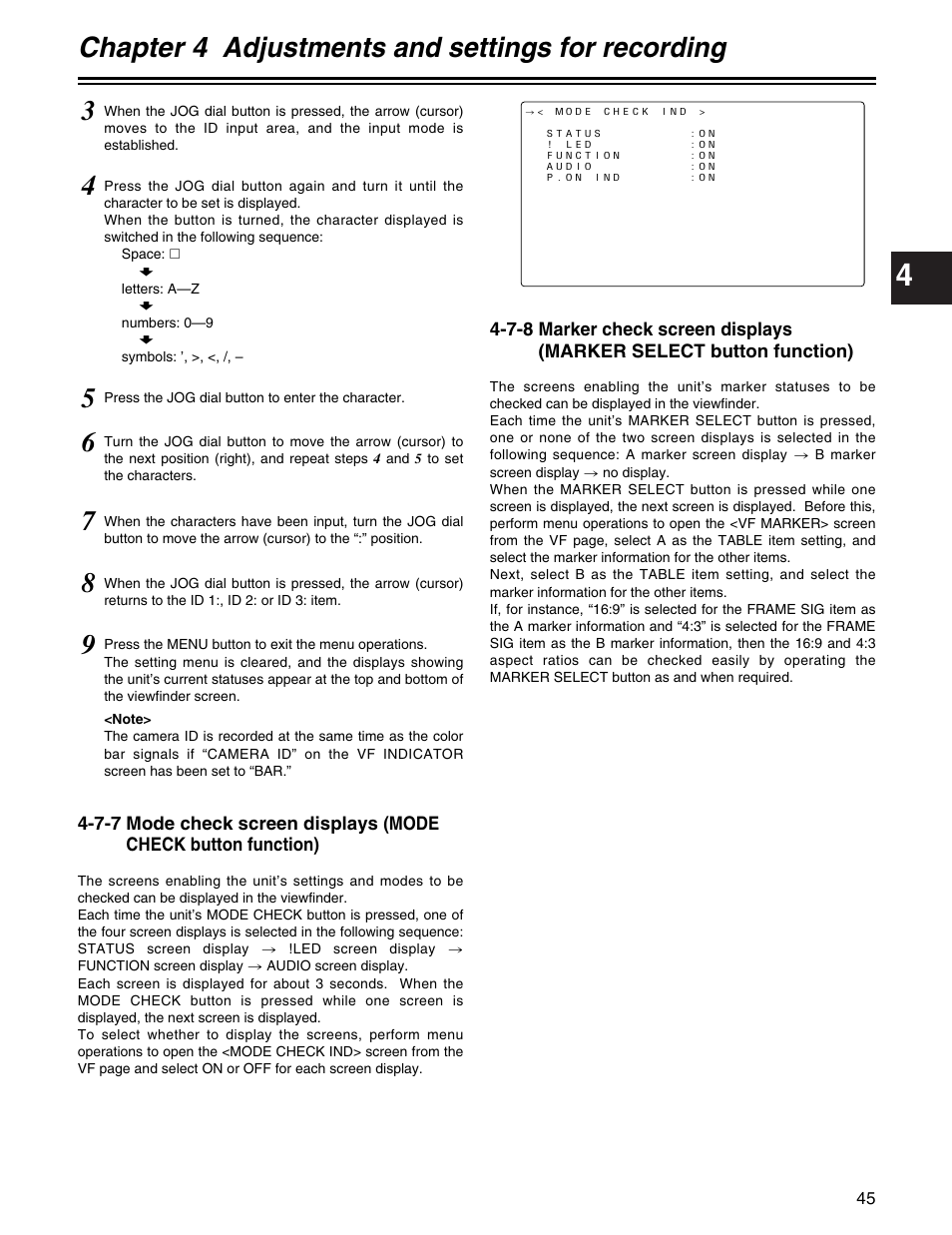 Chapter 4 adjustments and settings for recording | Panasonic AJ-HDX400P User Manual | Page 45 / 102