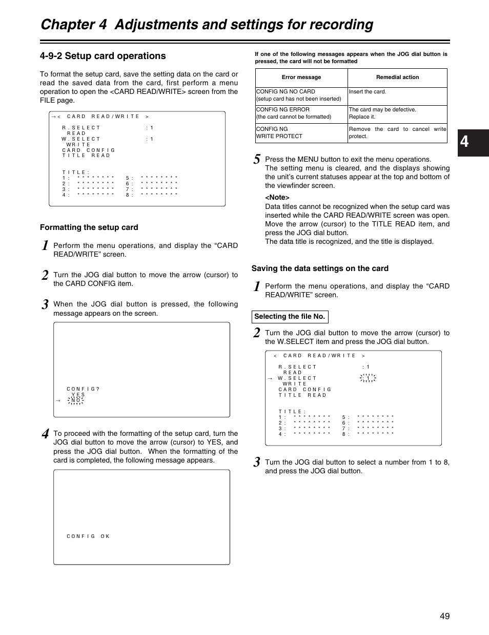 Chapter 4 adjustments and settings for recording, 9-2 setup card operations | Panasonic AJ-HDX400P User Manual | Page 49 / 102