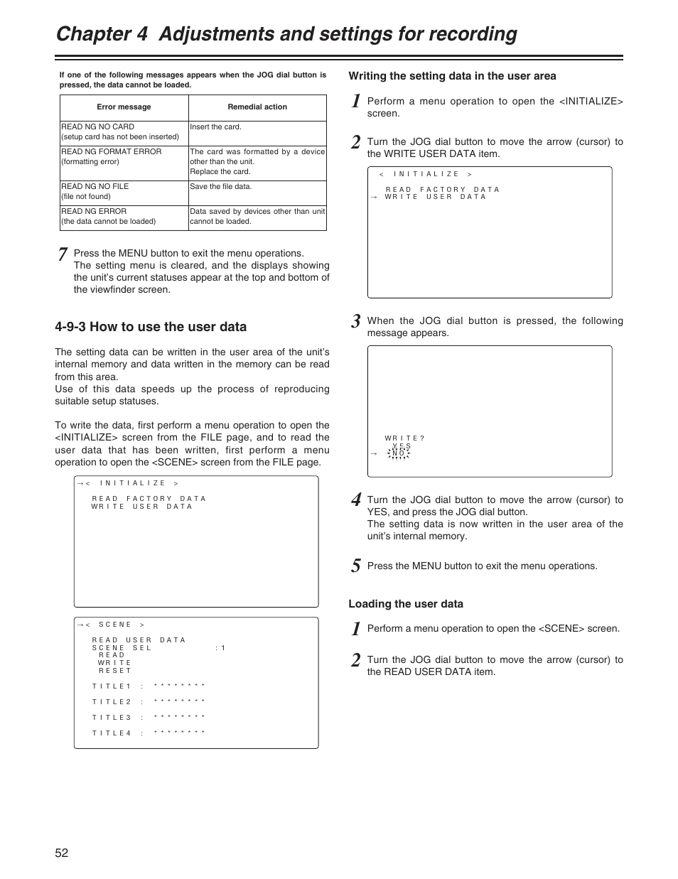 Chapter 4 adjustments and settings for recording, 9-3 how to use the user data | Panasonic AJ-HDX400P User Manual | Page 52 / 102
