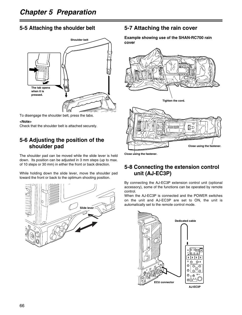 Chapter 5 preparation, 6 adjusting the position of the shoulder pad, 8 connecting the extension control unit (aj-ec3p) | Panasonic AJ-HDX400P User Manual | Page 66 / 102