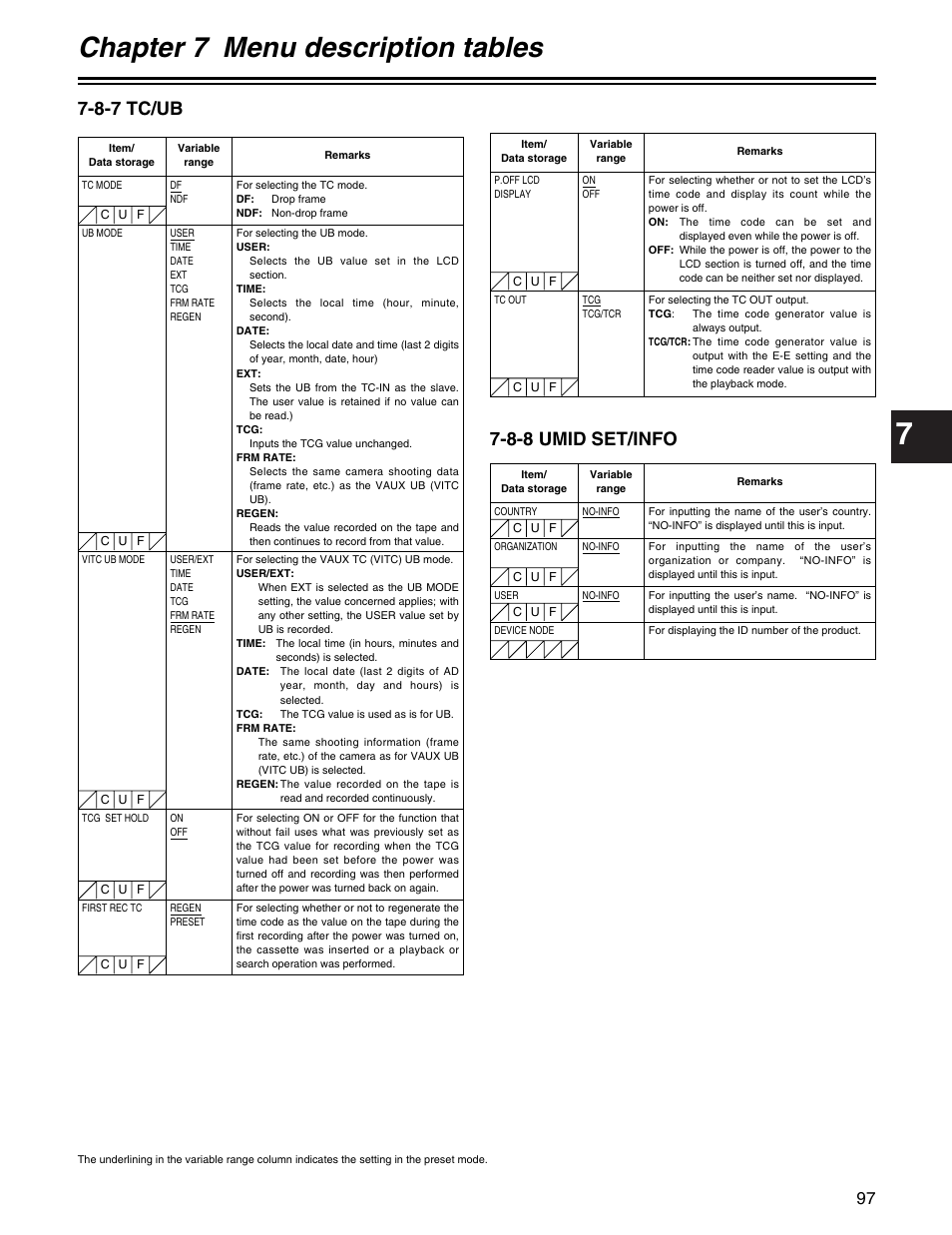 Chapter 7 menu description tables, 8-8 umid set/info, 8-7 tc/ub | Panasonic AJ-HDX400P User Manual | Page 97 / 102