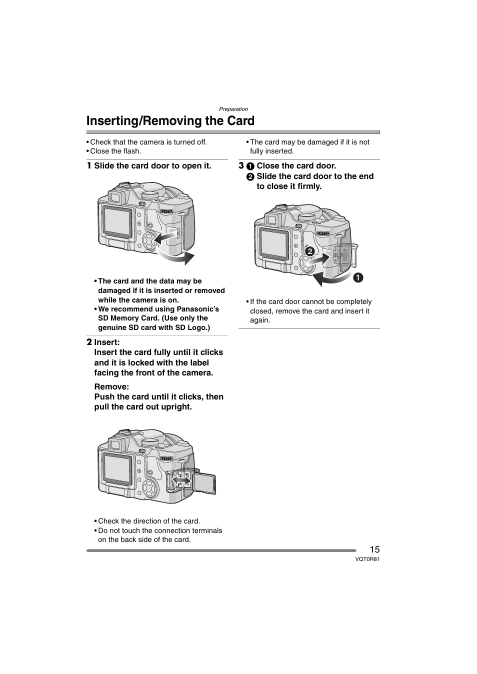 Inserting/removing the card | Panasonic DMC-FZ30PP User Manual | Page 15 / 148