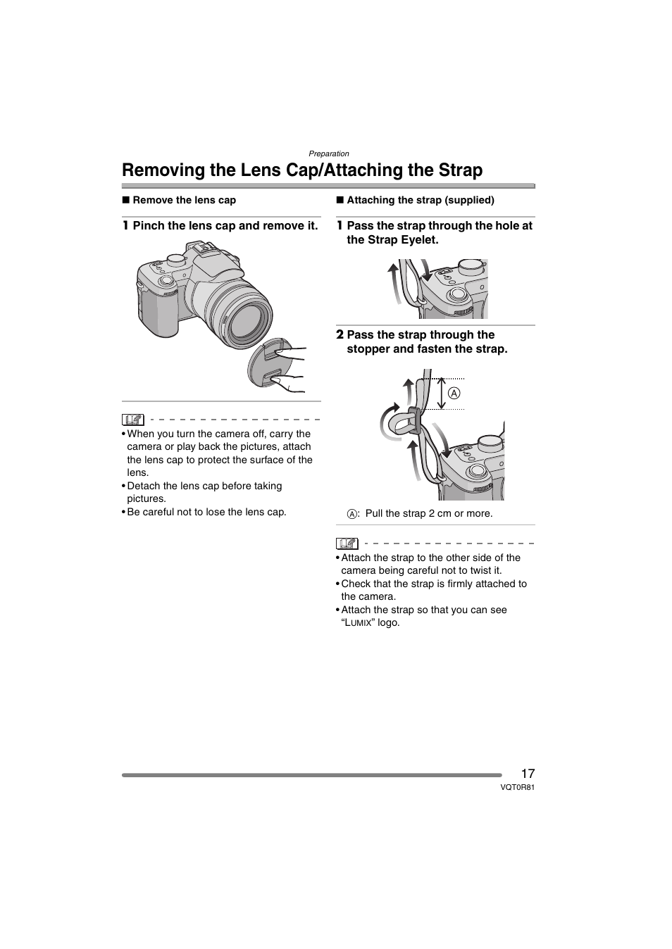 Removing the lens cap/attaching the strap | Panasonic DMC-FZ30PP User Manual | Page 17 / 148