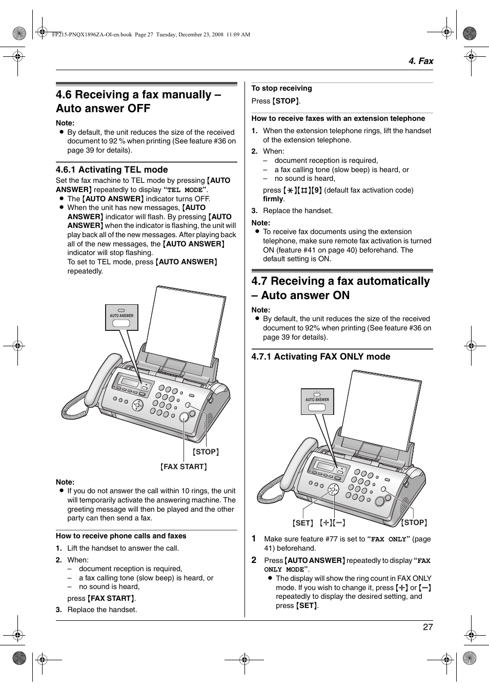 6 receiving a fax manually – auto answer off, 7 receiving a fax automatically – auto answer on, Receiving a fax manually – auto answer off | Receiving a fax automatically – auto answer on, 6 receiving a fax manually – auto answer off, 7 receiving a fax automatically – auto answer on | Panasonic KX-FP215 User Manual | Page 27 / 60